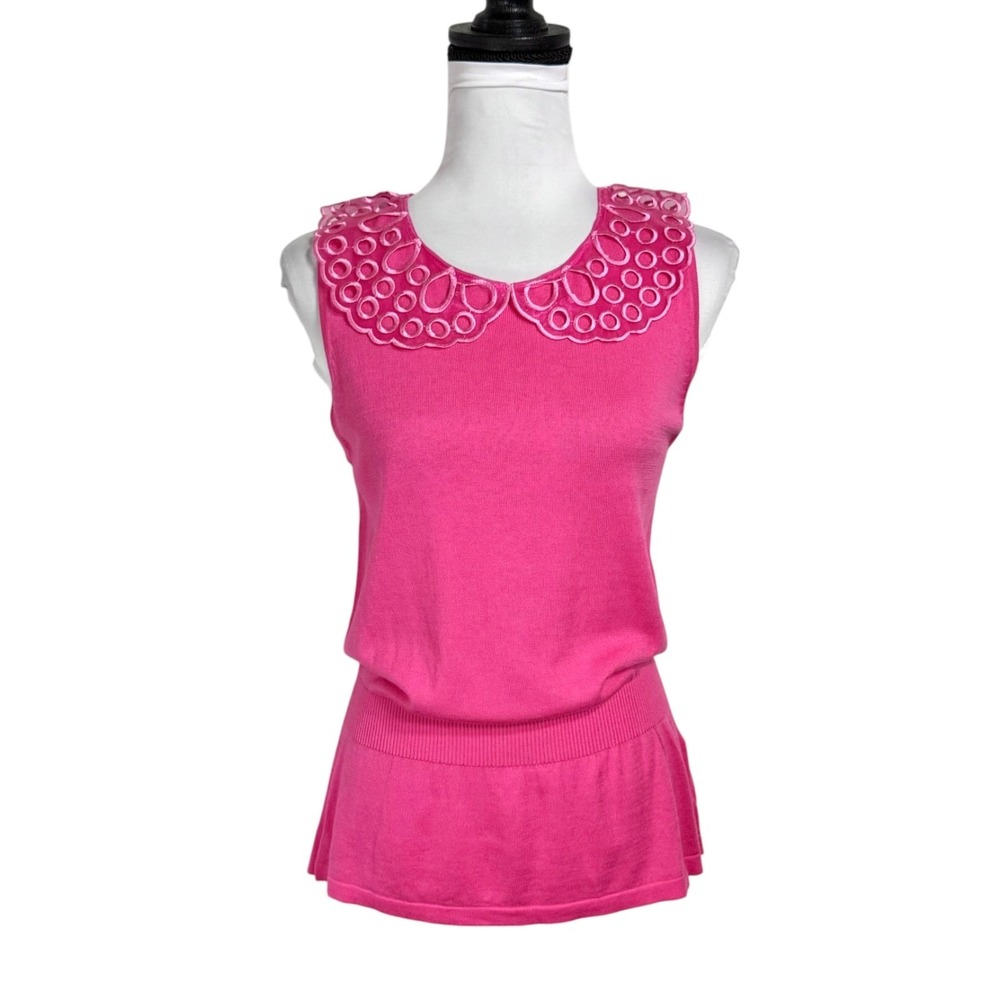 August Silk Peter Pan Collar Knit Tank‎ Size L Pink Peplum Waist Top Embroidered